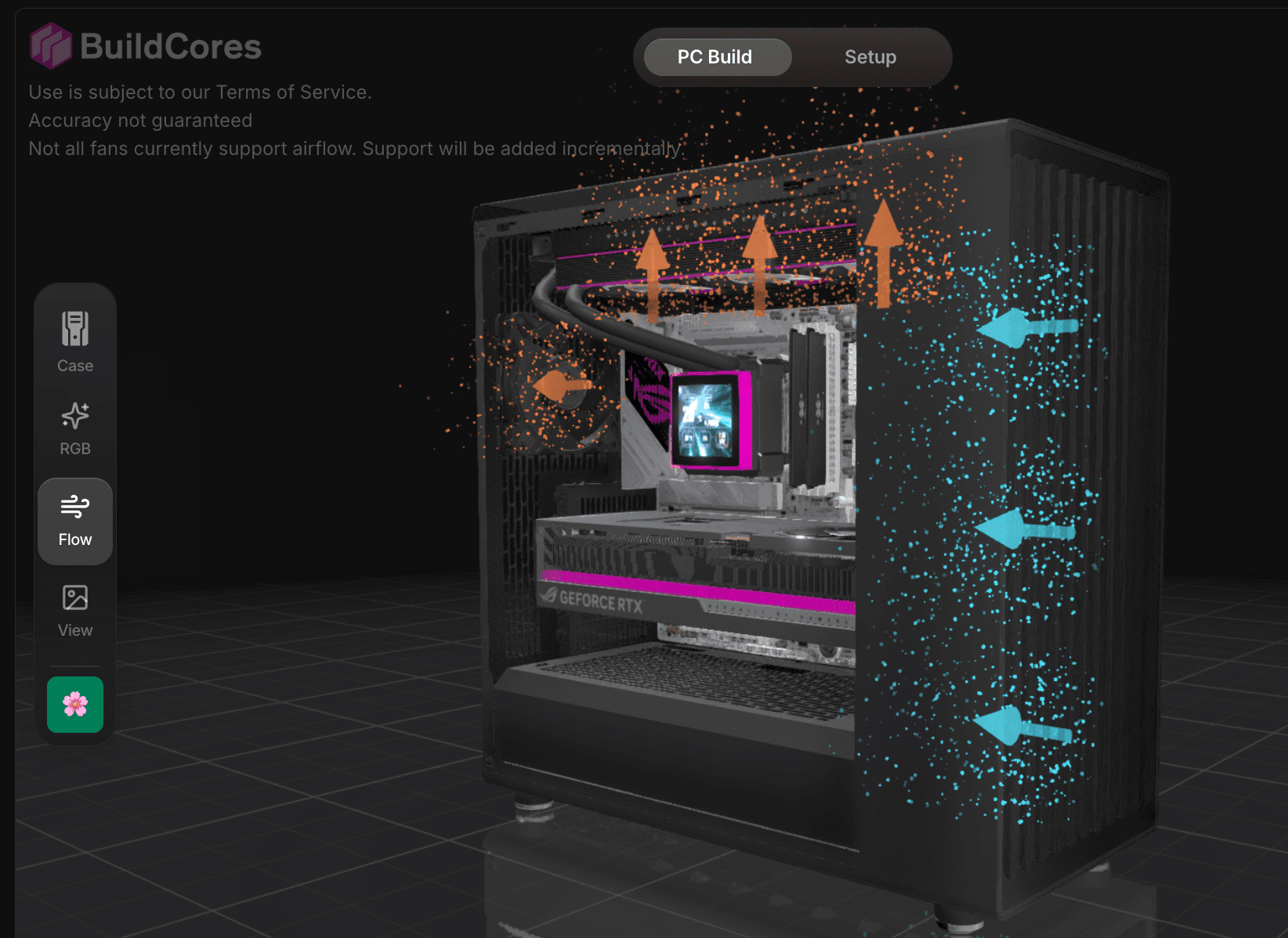 BuildCores PC fan simulator showing airflow particles and intake and exhaust arrows in a 3D PC build