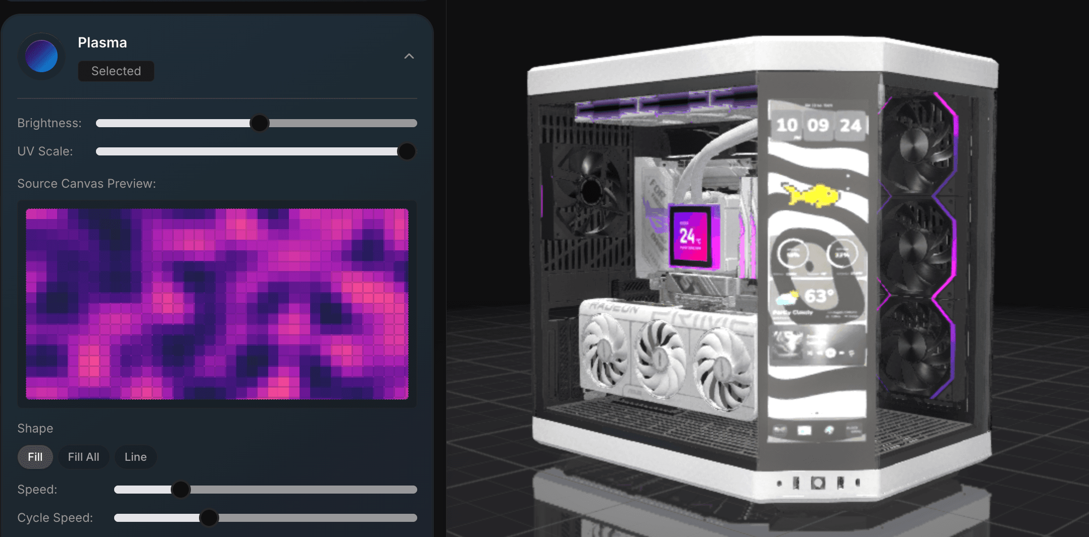 BuildCores RGB simulator showing a Plasma SignalRGB effect on a white PC build